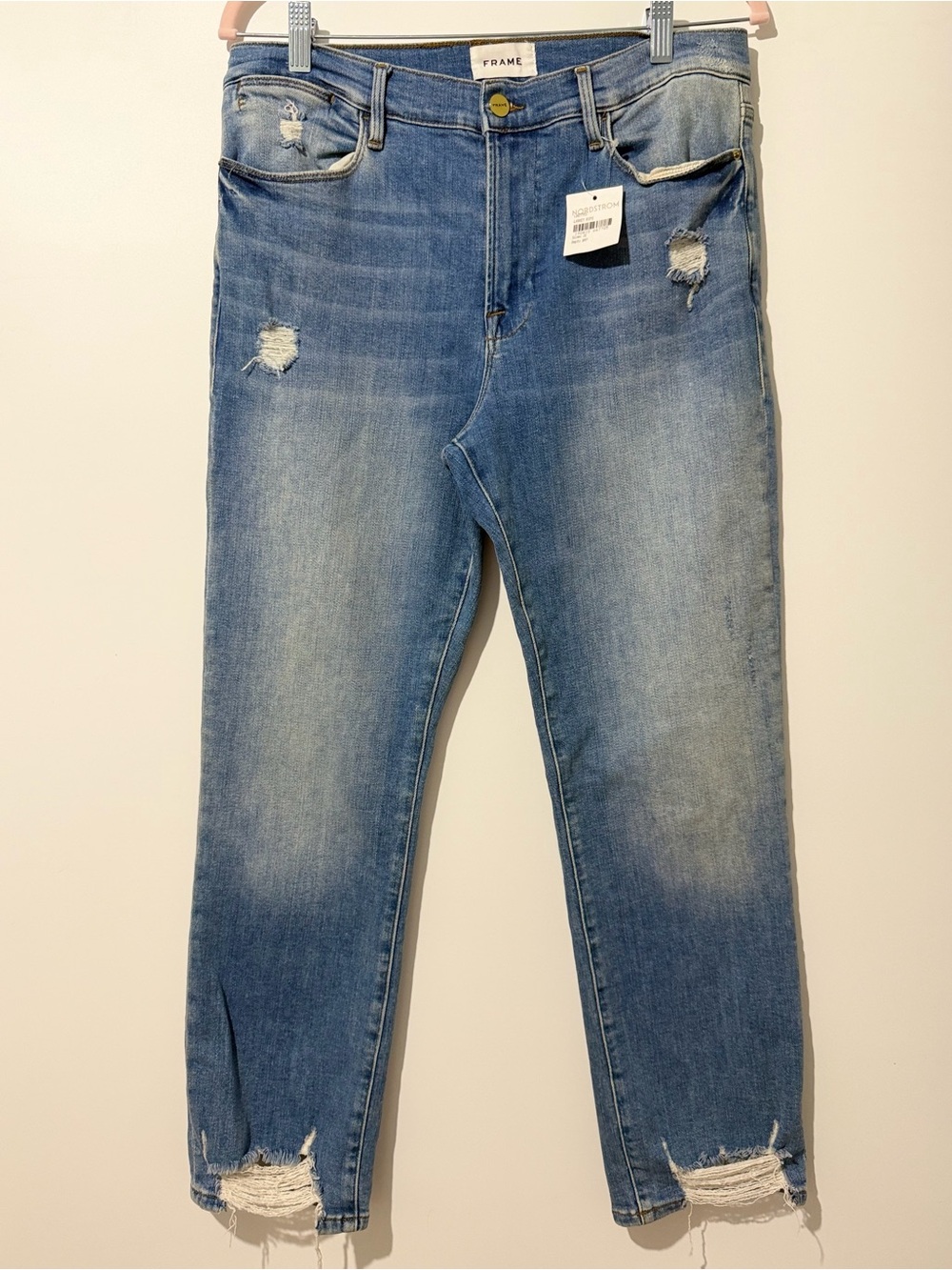 Frame Denim Le High Straight Jean in Laskey Rips  Blue Distressed Size 31 NWT